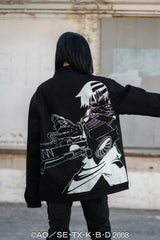 Wide shot of the back of the jacket emphasizing the large-scale character embroidery.