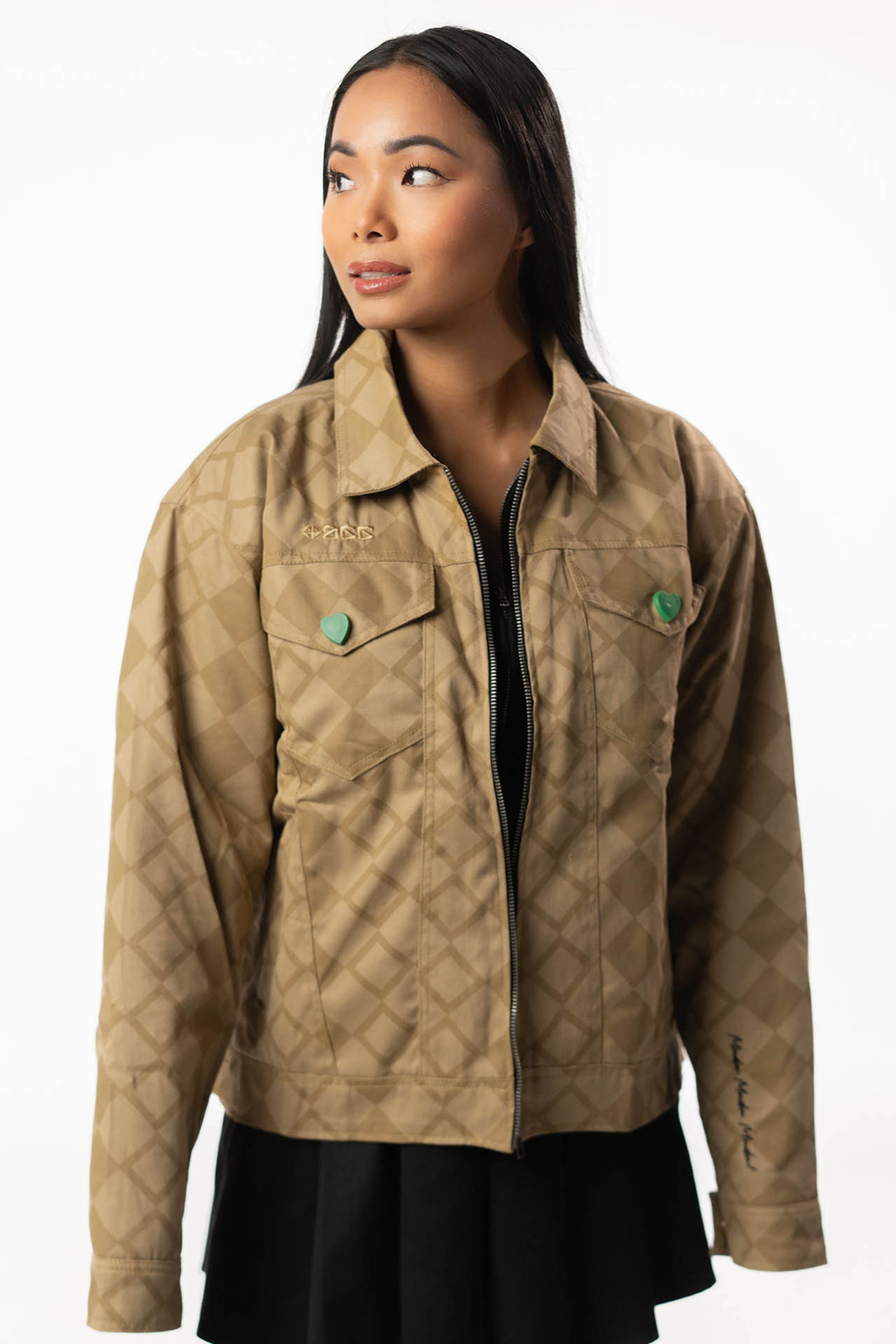 Full front view of the DIO jacket on a female model.