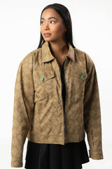 Full front view of the DIO jacket on a female model.
