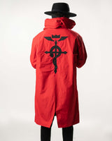 Back view of the reversible Edward Elric windbreaker in red with black symbol.