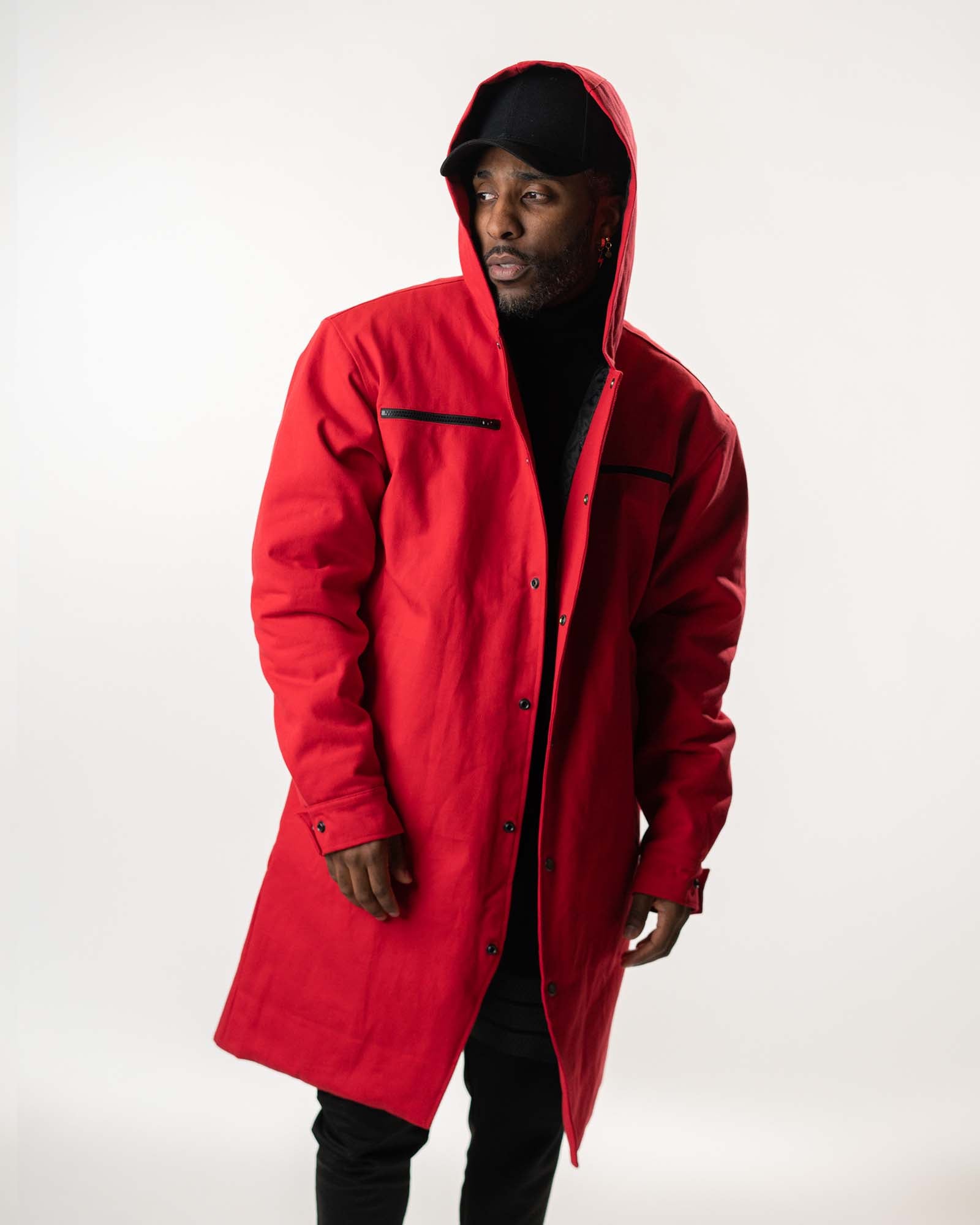 Front view of the open Edward Elric jacket showing the long-line silhouette.