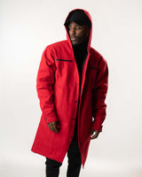 Front view of the open Edward Elric jacket showing the long-line silhouette.