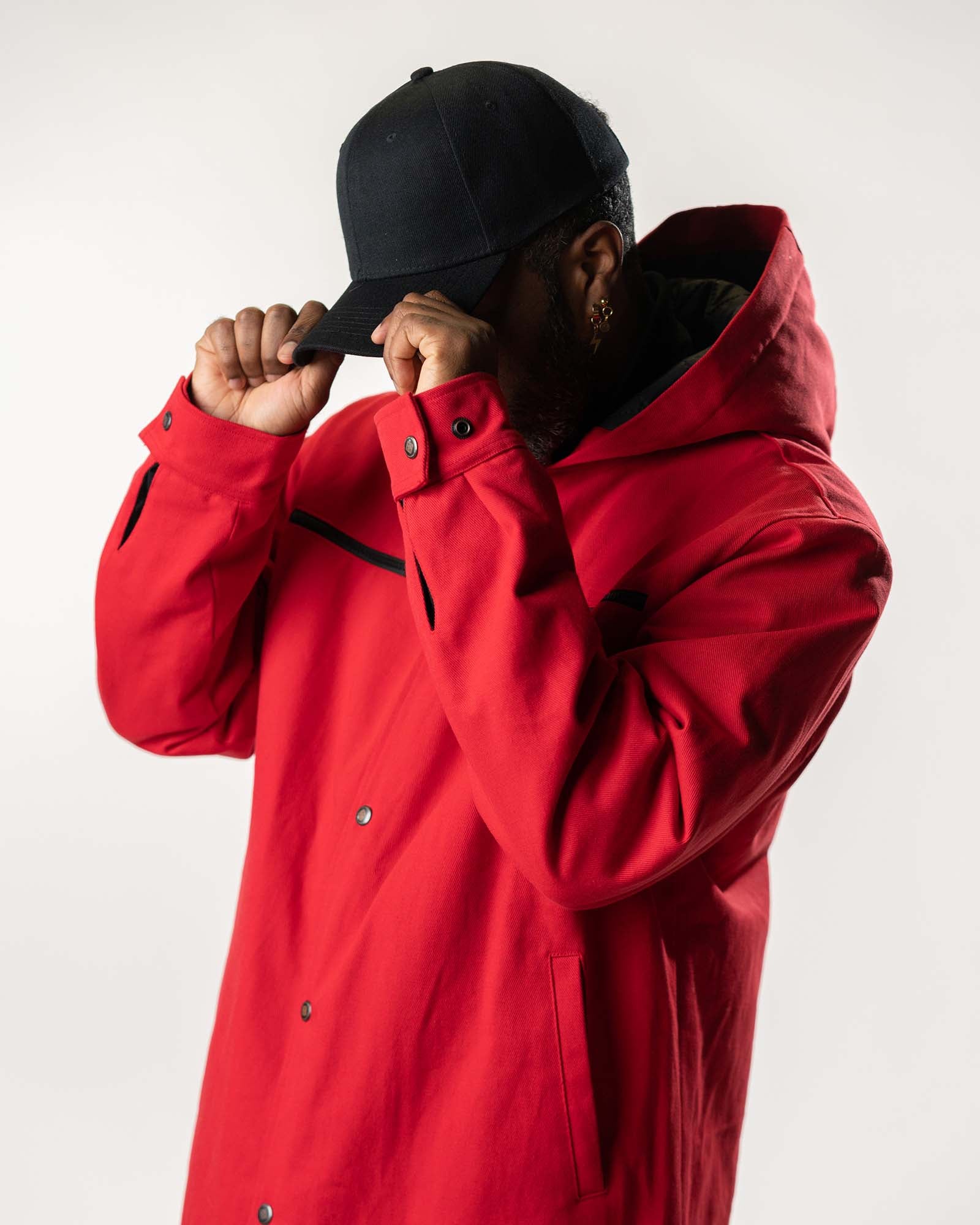Front view of the model with the hood up, showcasing the structured collar.