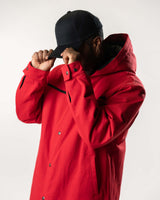 Front view of the model with the hood up, showcasing the structured collar.