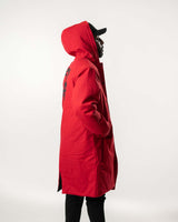 Side view of the model wearing the hood.