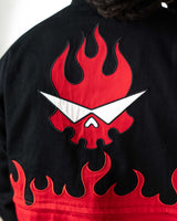 Back view of black Gurren Lagann jacket with large red flaming skull logo and bottom red flames.