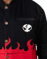 Detailed close-up view of the side pocket on the black Gurren Lagann jacket, adorned with red flame patterns.