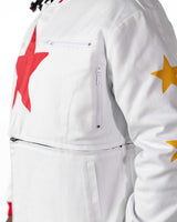 Detailed close-up of the sleeve of the cropped white Gurren Lagann jacket, showing large yellow star and red stripes.