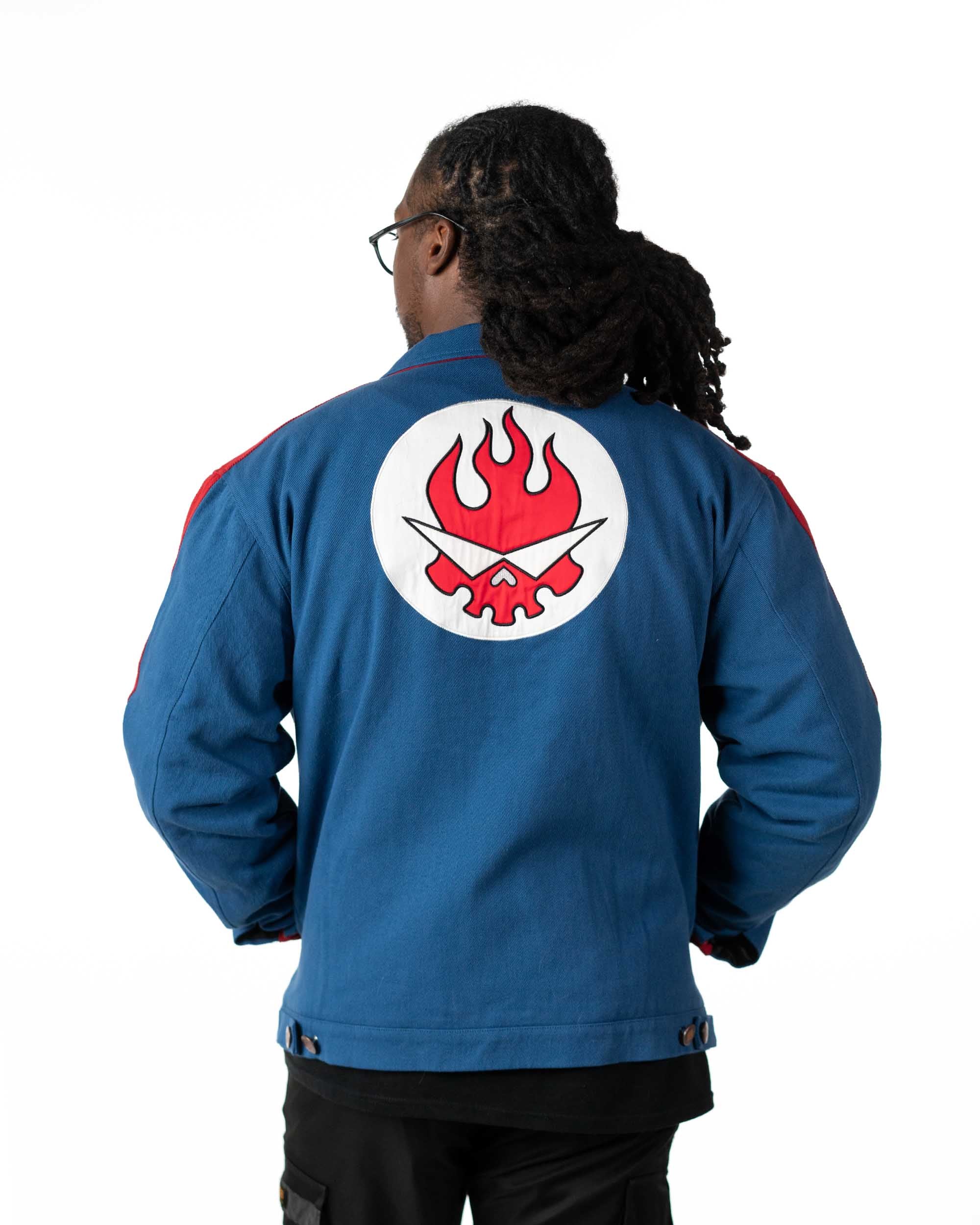 Back view of the Simon denim jacket displaying the Team Dai Gurren flaming skull embroidery