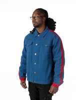 Front view of the officially licensed blue Gurren Lagann Simon denim jacket on a clean background