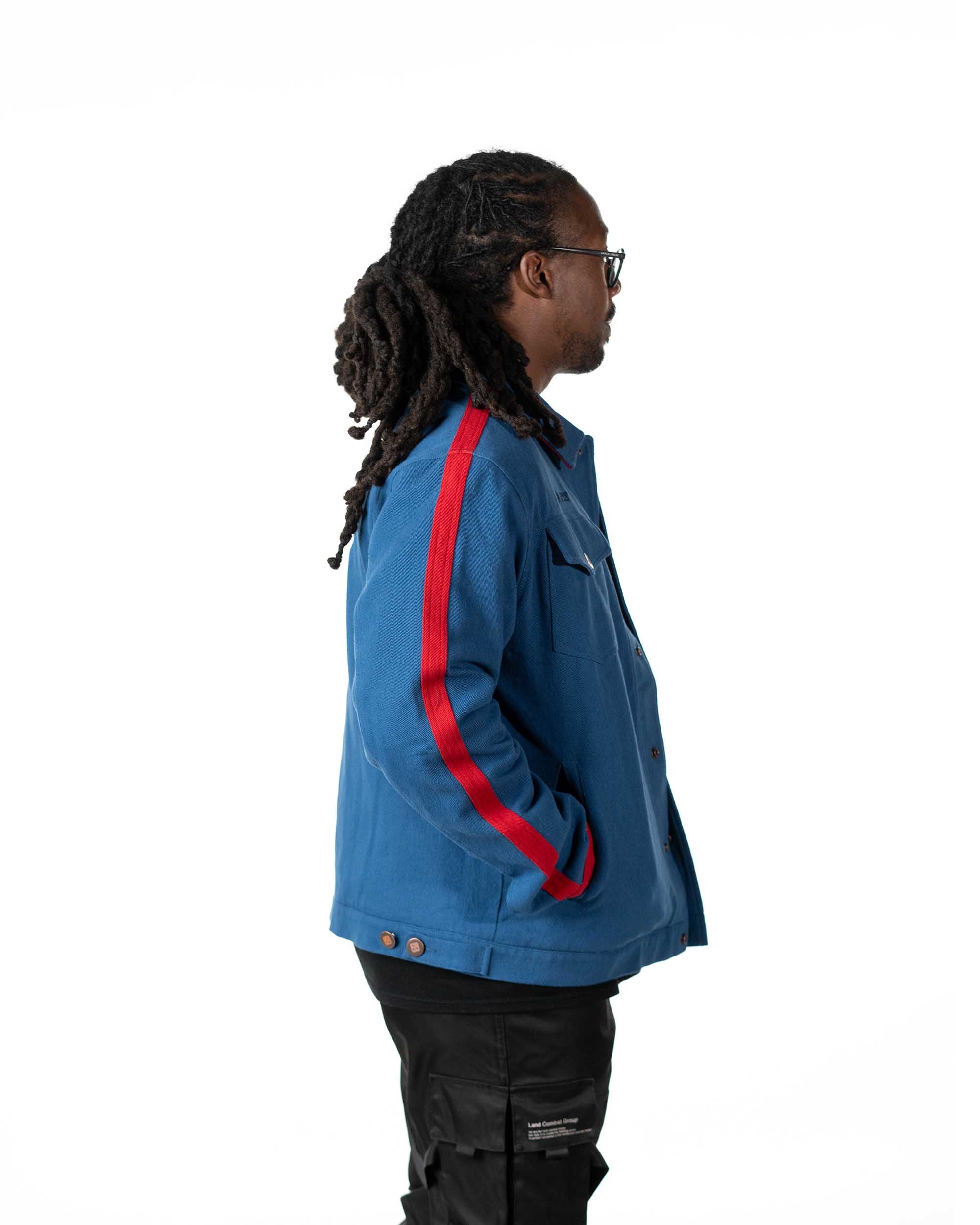 Side view of the Gurren Lagann denim jacket highlighting Simon's signature red stripes on the sleeve
