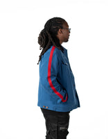 Side view of the Gurren Lagann denim jacket highlighting Simon's signature red stripes on the sleeve