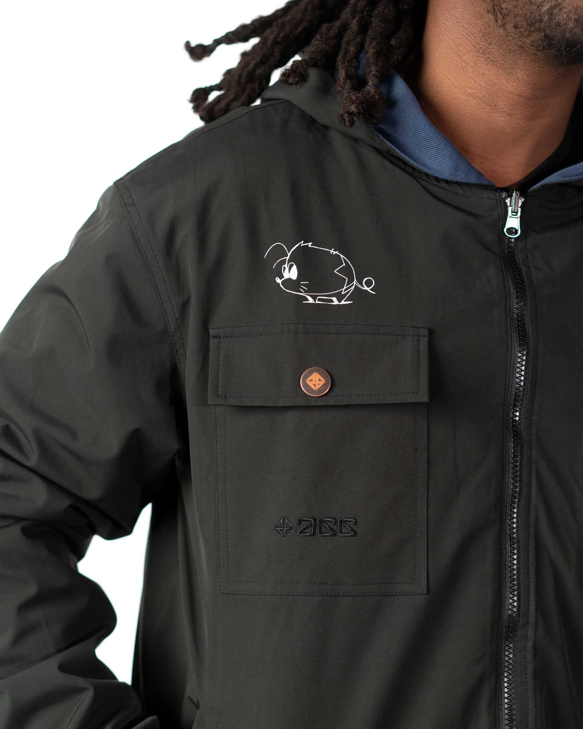 Close up of the front zipper, high collar, and hood on the black polyester windbreaker side of the coat