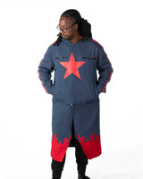 Front view of the officially licensed Gurren Lagann Simon reversible long coat on the blue denim side with red star print and flame hem