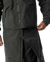 Close up view of the heavy duty zipper that detaches the bottom to convert the long coat into a short coat
