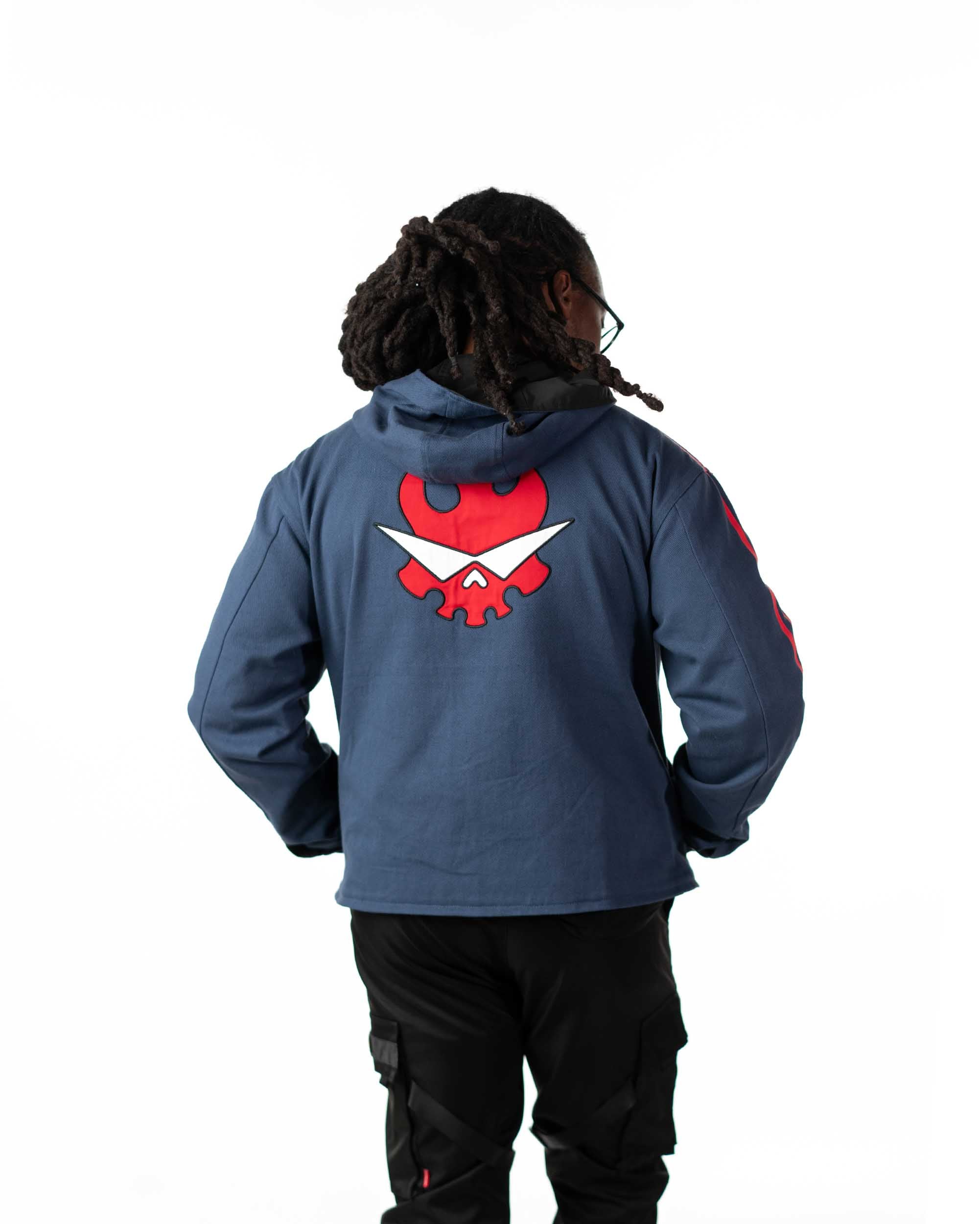 Rear view of the short coat version on the blue denim side with the red flaming skull logo