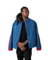 Model wearing Gurren Lagann Simone denim jacket on shoulders