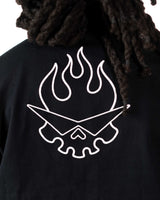 Close-up of the chest area of the black jacket featuring a functional pocket and white flaming skull print