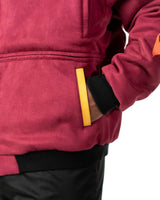 Rear view of male model wearing full length maroon side of the jacket with the large red flaming skull emblem