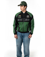 Front view of male model wearing the officially licensed Hunter x Hunter Gon racing jacket in green and black