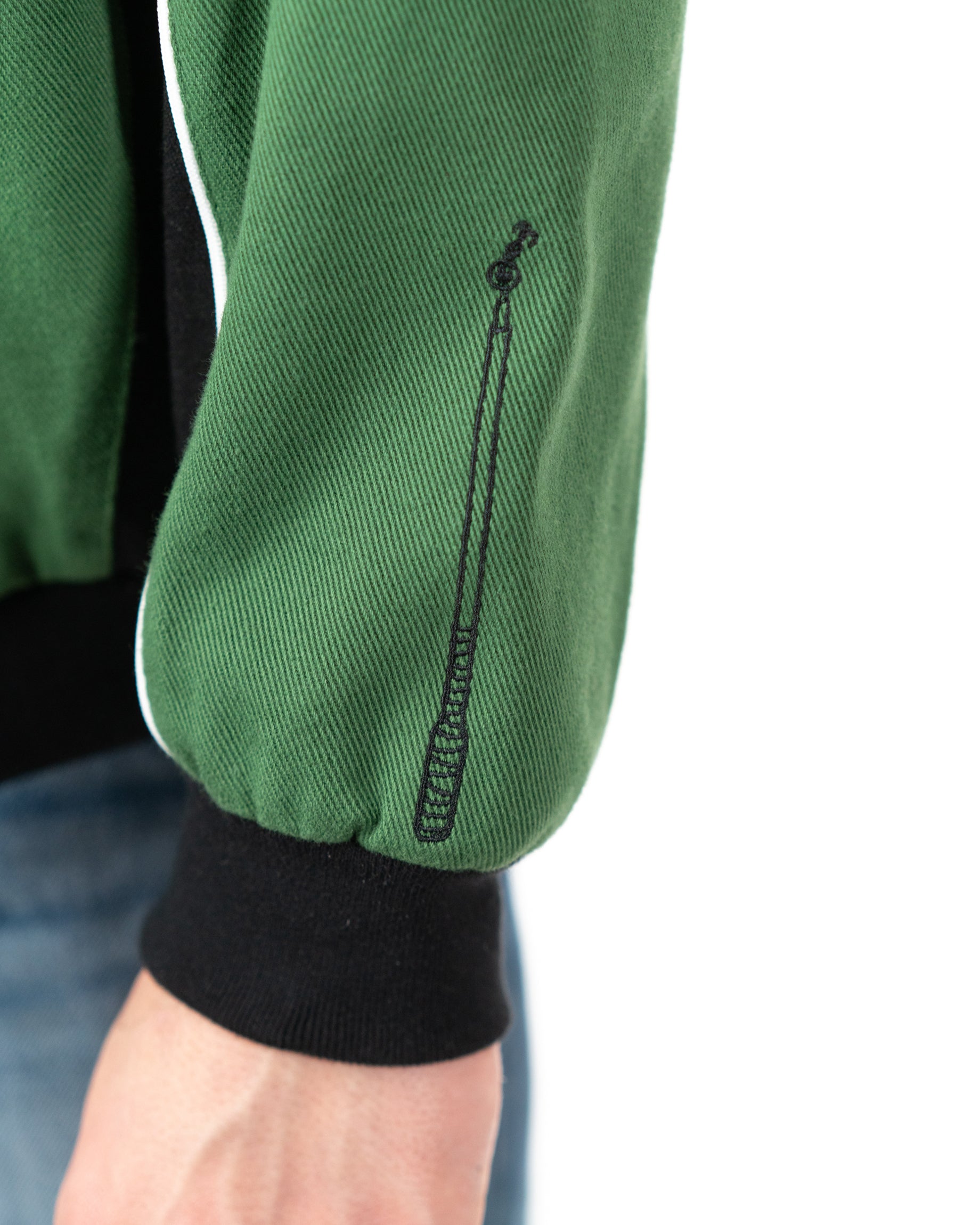 Close up of the sleeve cuff on the Gon racing jacket featuring a heavy duty zipper closure