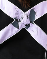 Close up of the lavender X graphic on the back of the Killua racing jacket with Killua Zoldyck print