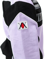 Close up of the sleeve of the Killua racing jacket highlighting the embroidered Hunter Association license patch