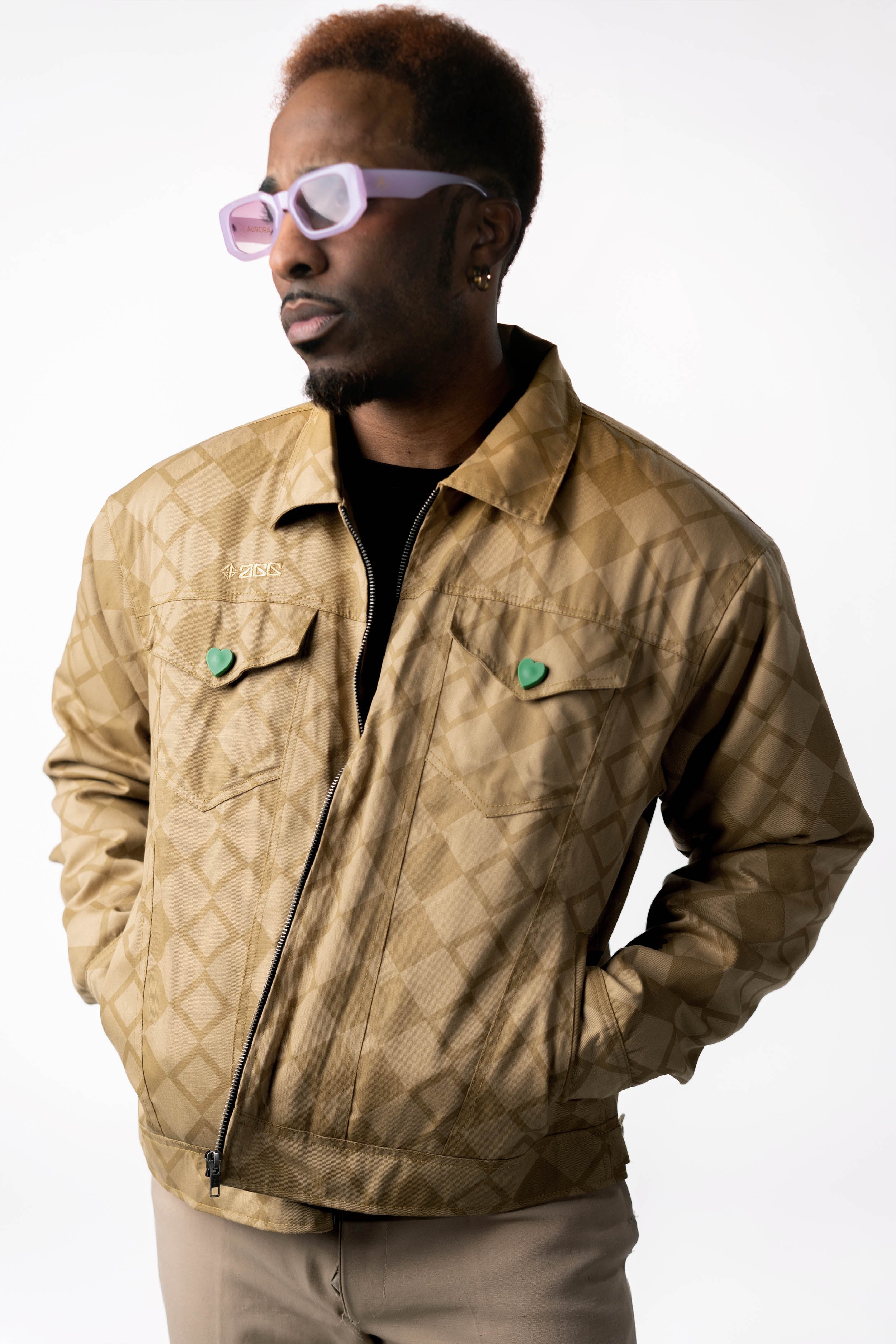Front-side view of the DIO denim jacket on a male model.