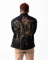 Back view of the Jotaro Kujo black jacket featuring gold Star Platinum embroidery.