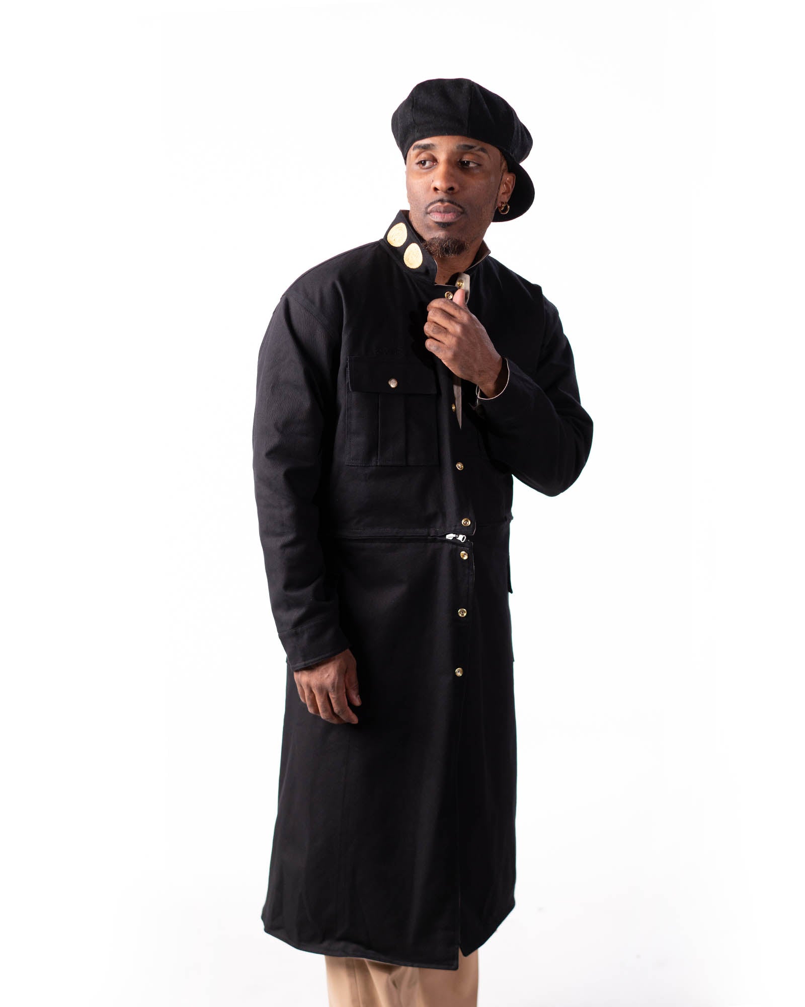 Front view of the black side of the Jotaro Kujo Long Reversible Denim Coat on a model.