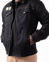 Front lifestyle view of the black Jotaro Kujo jacket zipped up on a model.