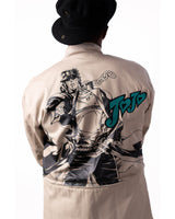 Full back view of the beige side highlighting the large character print.