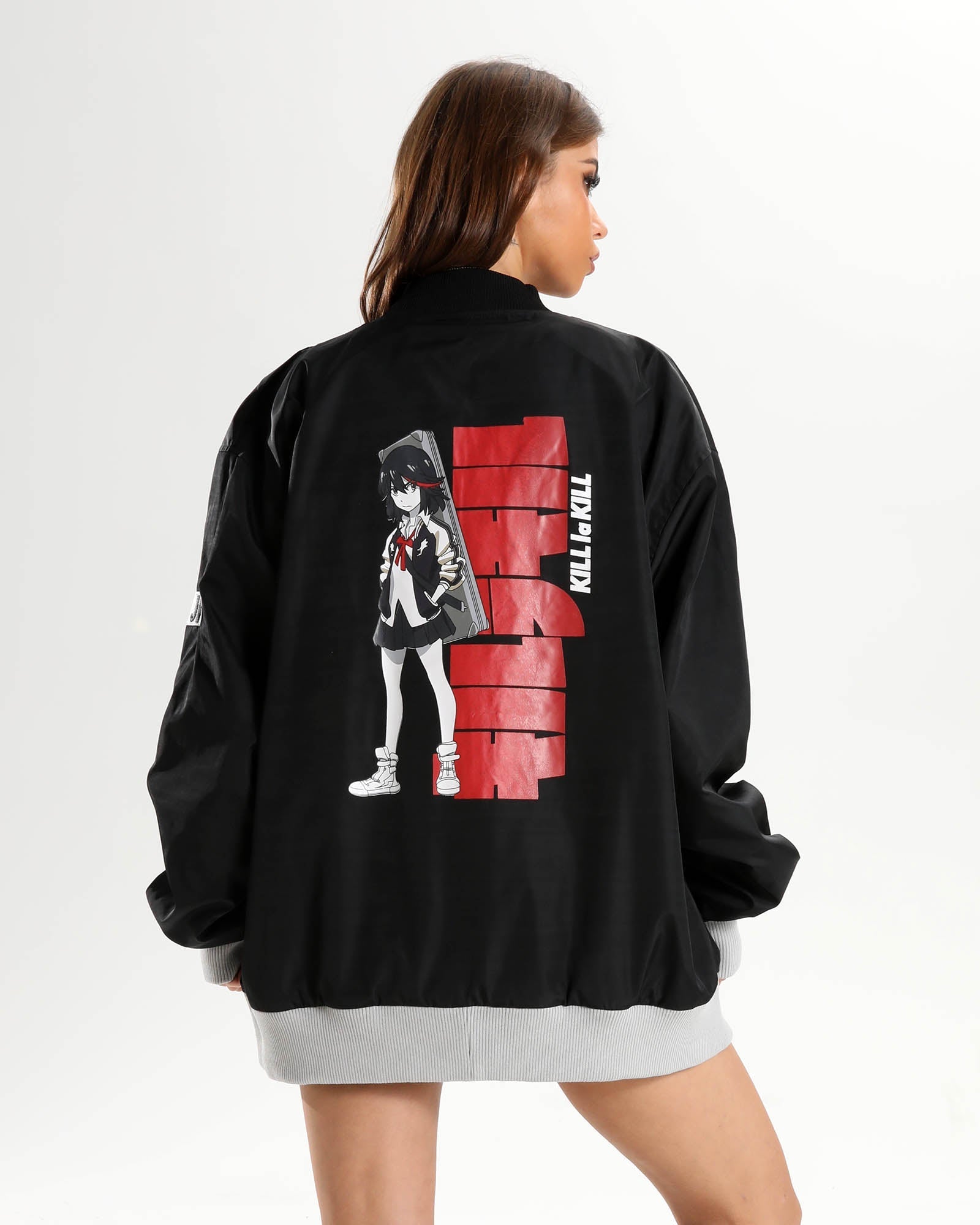Reversed Side B back view of the Kill la Kill bomber jacket with big Ryuko graphic