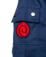 Naruto Shippuden Jonin Jacket navy sleeve close-up with red Uzumaki spiral embroidery and metal snap pocket buttons
