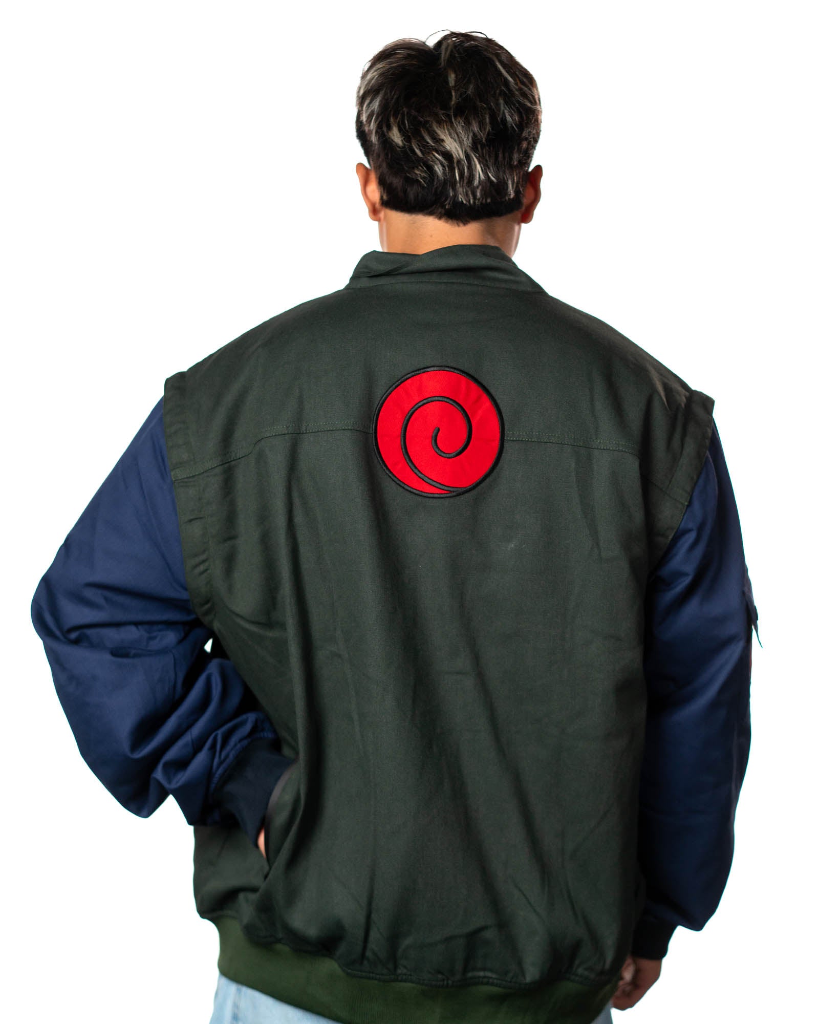 Official Naruto Shippuden Jonin Jacket back model view with green vest body, navy sleeves and red Uzumaki spiral patch