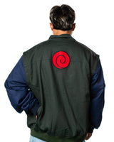 Official Naruto Shippuden Jonin Jacket back model view with green vest body, navy sleeves and red Uzumaki spiral patch