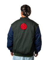 Back view of the officially licensed Naruto Shippuden Jonin Jacket with large red Uzumaki spiral patch on green fabric
