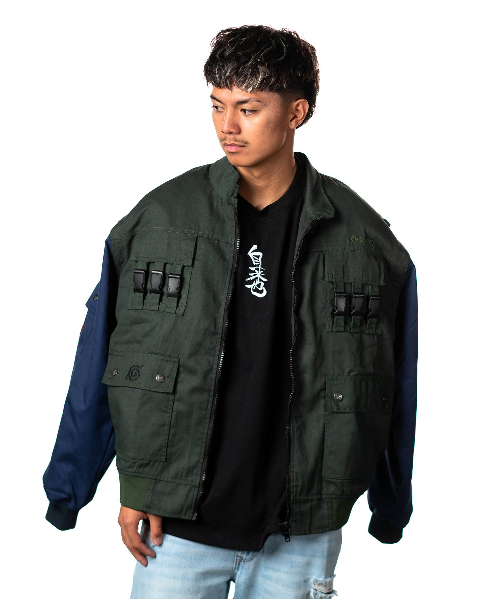 Official Naruto Shippuden Jonin Jacket open front view with green vest shell, navy sleeves, black zipper and tactical buckle accents