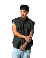 Naruto Shippuden Jonin Jacket worn as a sleeveless green vest with front zipper, utility pockets and black buckle details