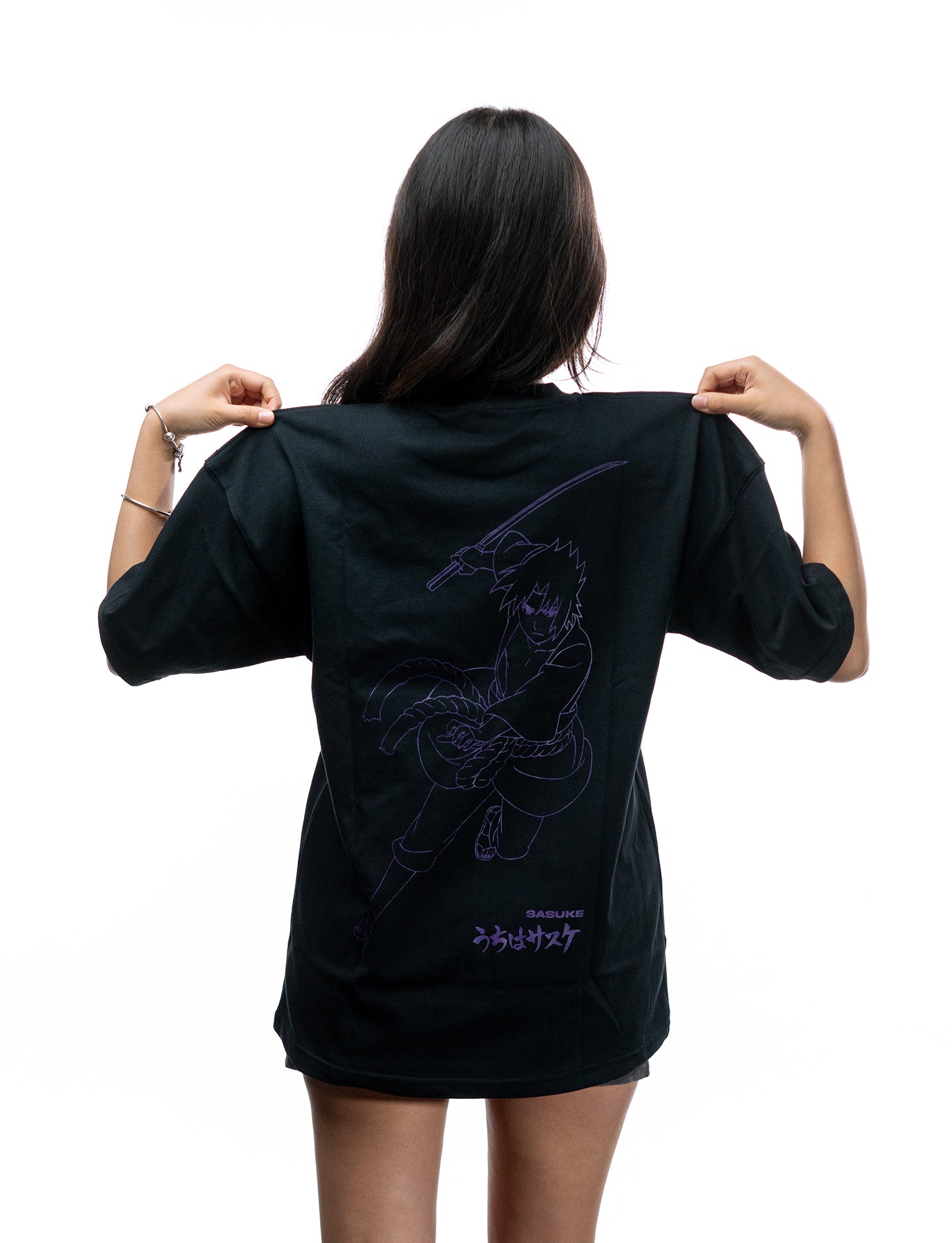 Naruto Shippuden Sasuke Uchiha purple line art oversized shirt back pull view