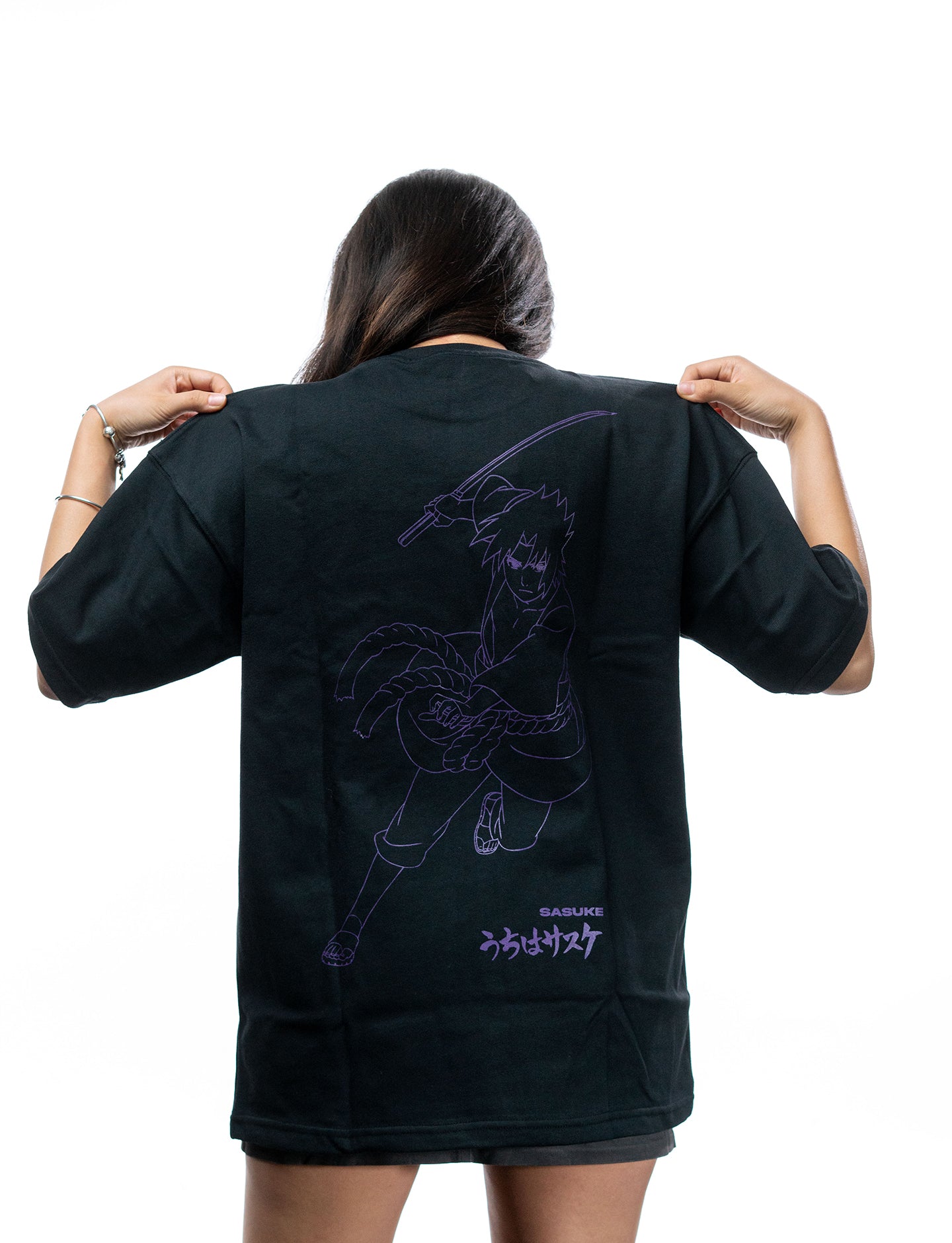 Naruto Shippuden Sasuke Uchiha purple line art oversized shirt back stretch view