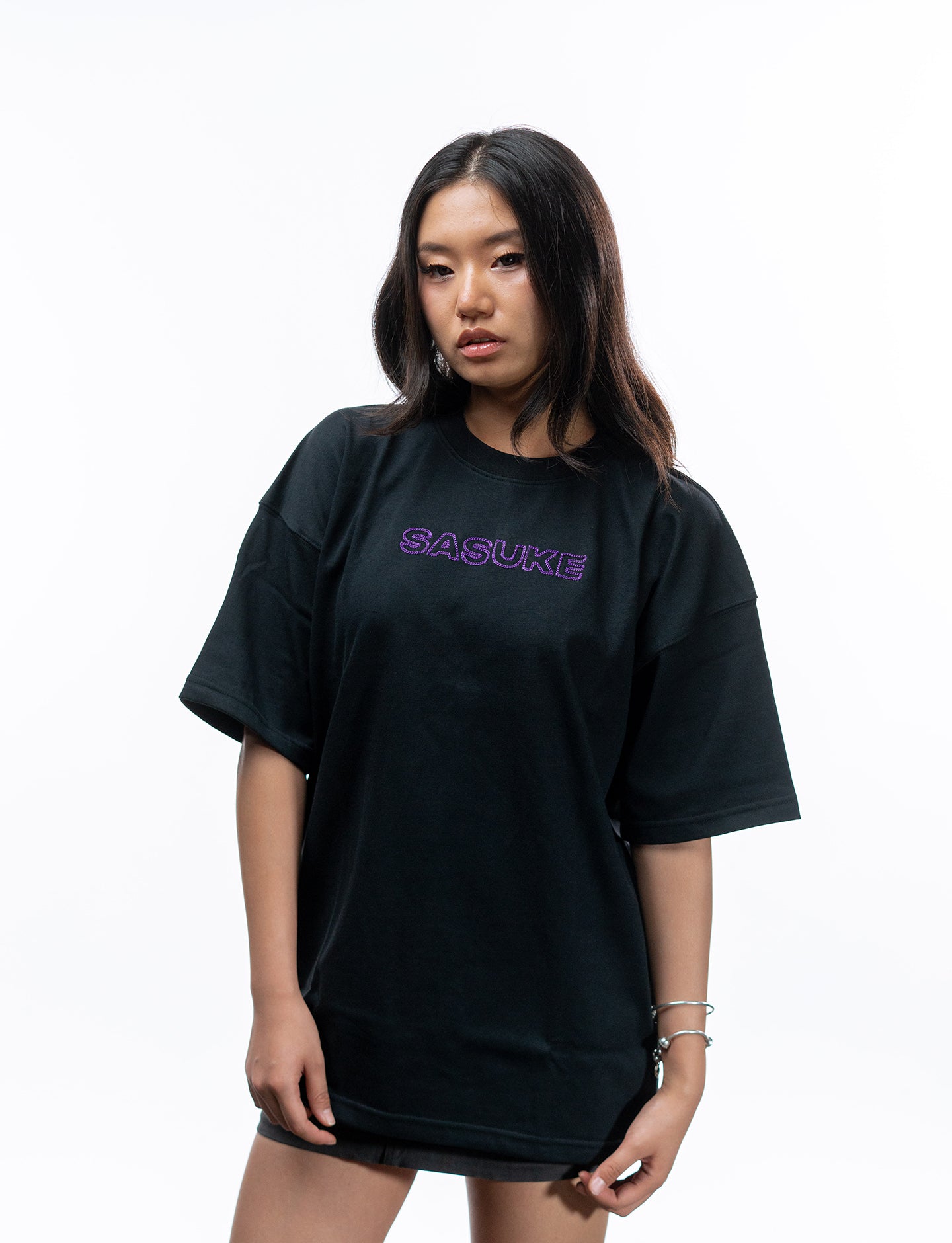 Naruto Shippuden Sasuke Uchiha purple line art oversized shirt front angle view