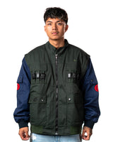 Officially licensed Naruto Shippuden Jonin Jacket front view with green tactical vest, navy sleeves, pockets and red Uzumaki patches
