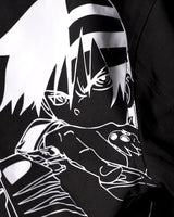 Close-up detail of the high-contrast white line art embroidery of Death the Kid.