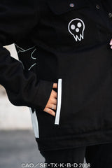 Detail view of the front hand pockets and white accent trim on the black denim.