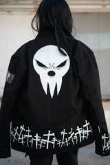 Back view showing the large Lord Death mask embroidery and cross pattern