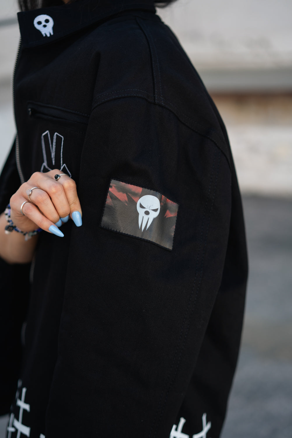 Close-up of the rectangular Soul Eater brand patch on the upper sleeve