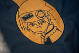 High-detail close-up of the Soul Evans line art embroidery on the back of the jacket.