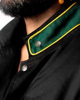 Wind Breaker bofurin black denim jacket green yellow collar trim close up