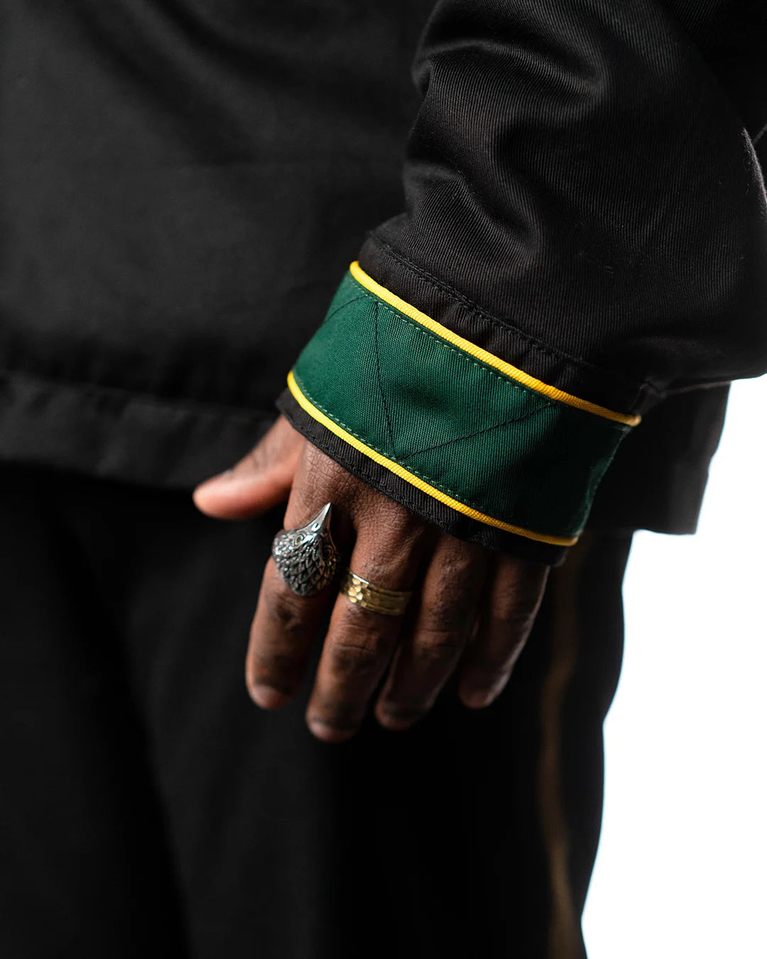 Wind Breaker bofurin black denim jacket green yellow cuff trim close up